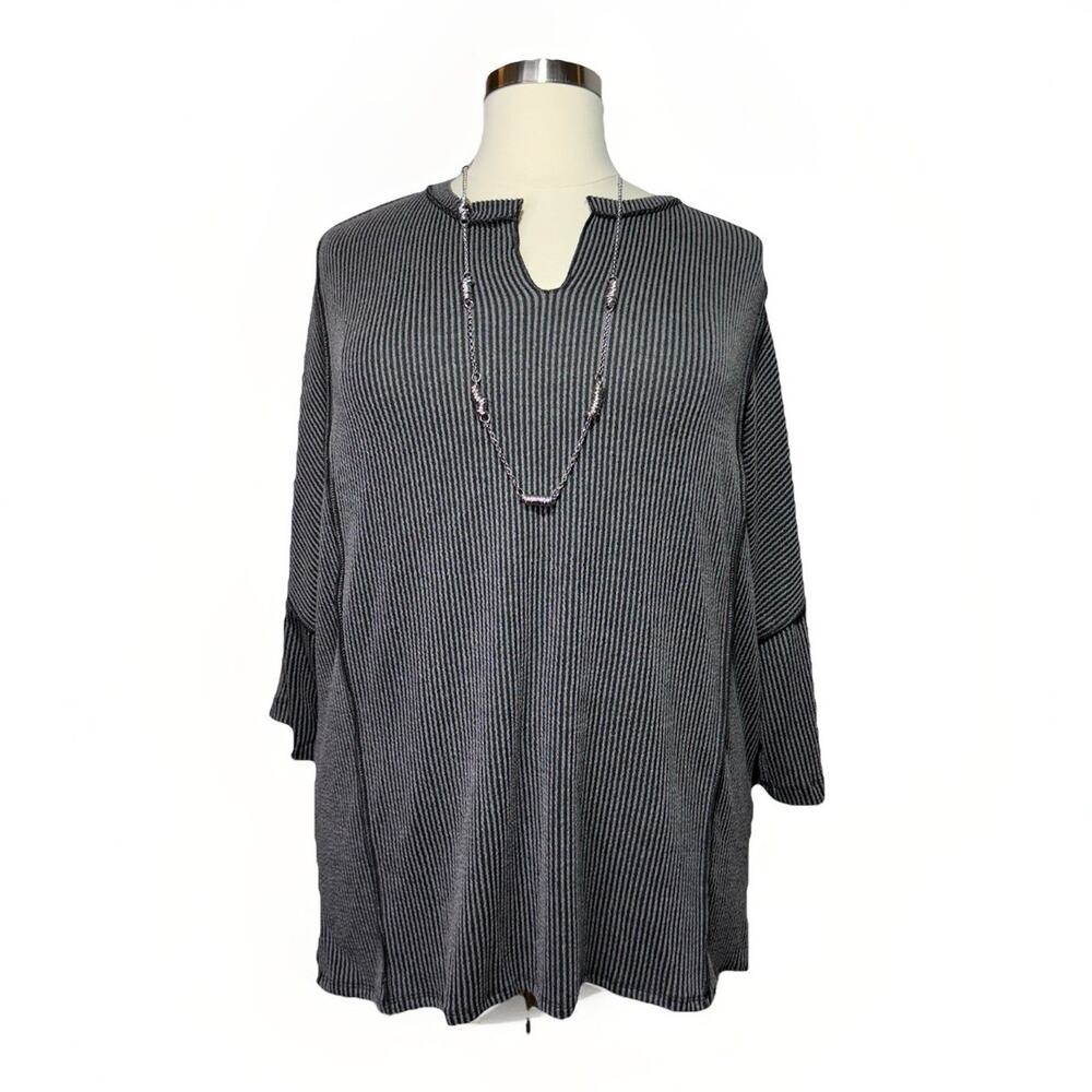 Blumin Tunic Charcoal Gray Ribbed Split Neck Top 3XL Stretch Knit USA Made